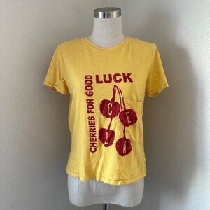 Current Elliott The Drop Pocket Shirt Short Sleeve Cherry Graphic Distressed Lin